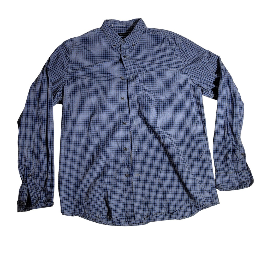 Banana Republic Untucked Fit Blue Black Check Button Down Shirt Mens Large Tall